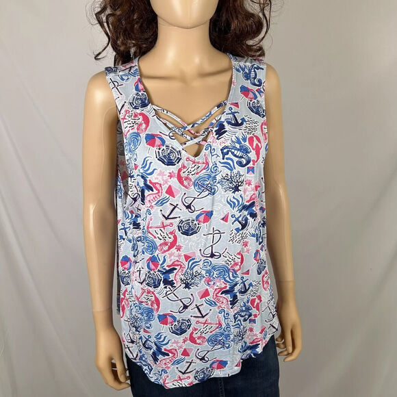 Casey Key Beach Tank Top Sleeveless XL Blue Pink V-Neck Tropical Nautical - Picture 1 of 5